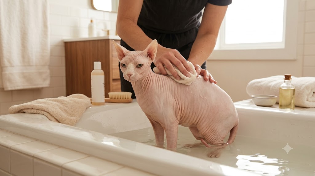 uomo che lava un gatto sphynx